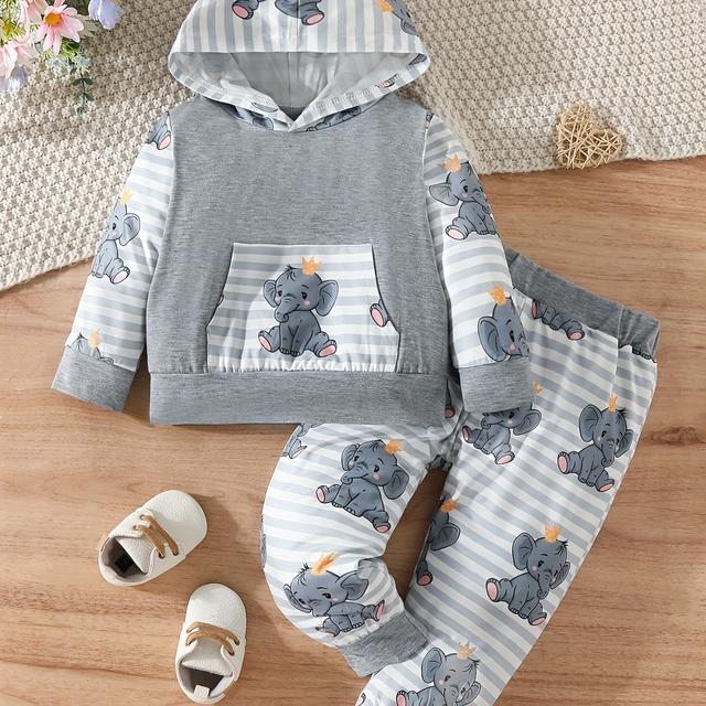 TEMU Spring And Autumn Boys And Girls Baby Boys' Hooded Top And Pants Cute Set, Perfect For Outdoor