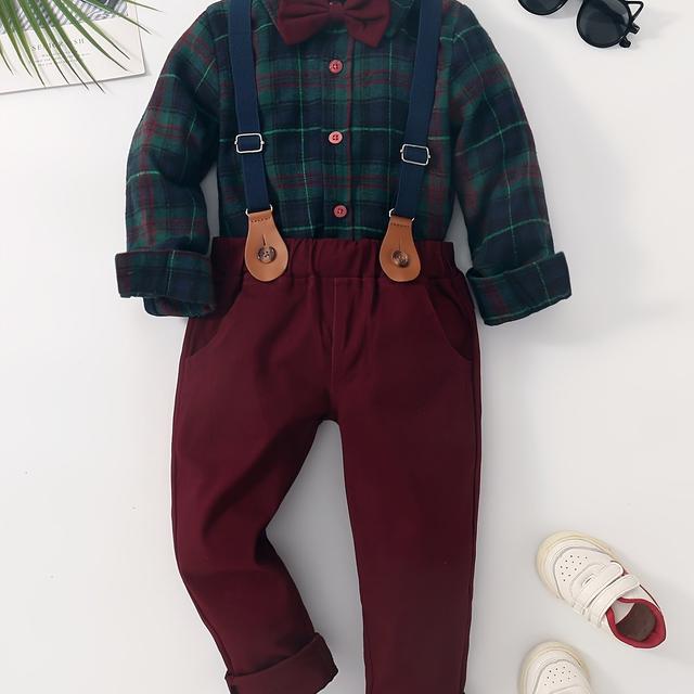 TEMU Charming Boys' Plaid Shirt & Maroon Suspender Pants Set With Bow Tie - Ideal For Fall/winter & Christmas Parties, Machine Washable, Polyester, Outdoor