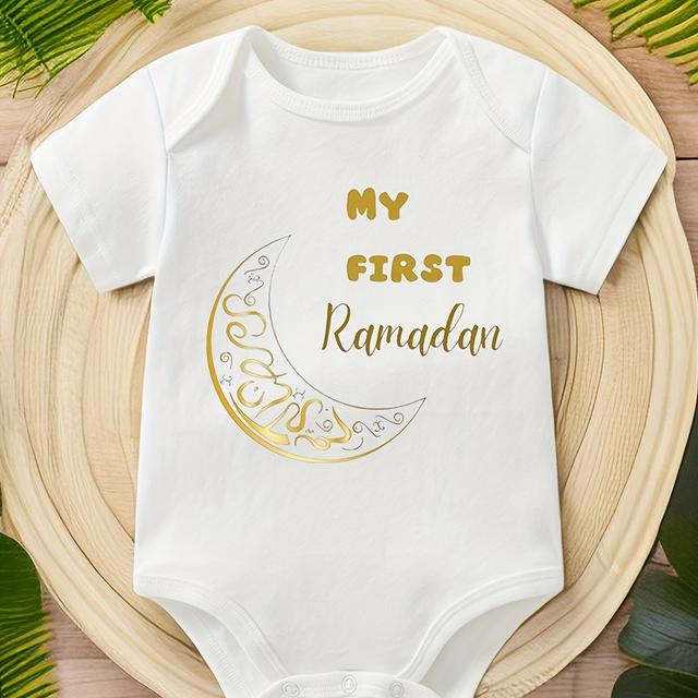 TEMU Ramadan Baby Clothing 0-12m White Comfortable Rompers Baby Boy Bodysuits Baby Girls Short Sleeve T-shirt Infant Printed Jumpsuits, For Outdoor