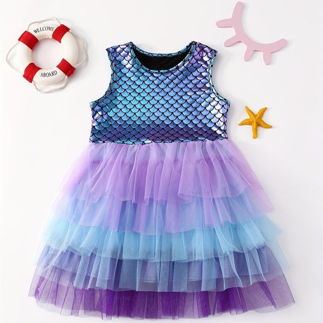 TEMU Toddler Girls Sleeveless Fish Scale Graphic Color Block Mesh Layered Hem Princess Dress For Party Beach Vacation Kids Summer Clothes