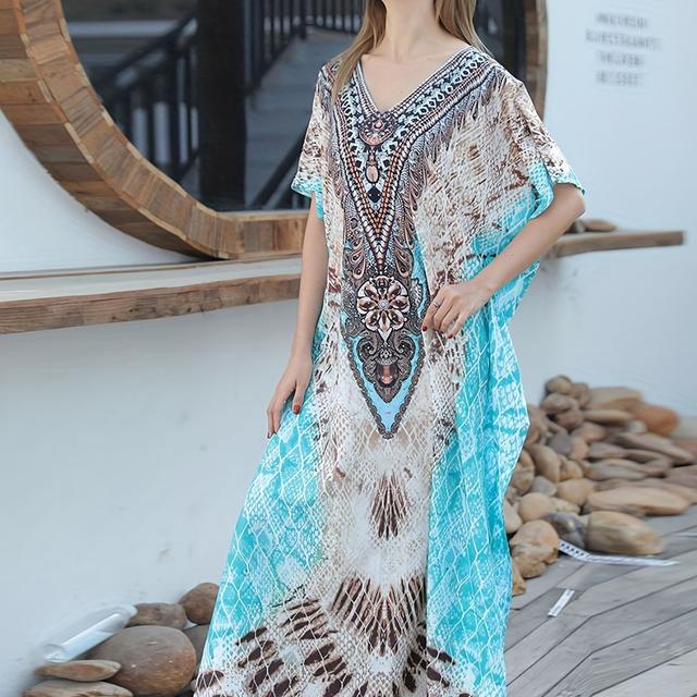 TEMU Women's Bohemian Beach Cover-up Dress - V-neck, Loose Fit, Tribal Pattern, Short Sleeve, Summer Vacations And Beach , Beach Coverup Dress