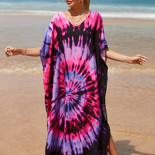 TEMU Plus-size Kaftan Tunic With Tie-dye Print V-neck And Side Slits Bohemian Maxi Dress Bikini Cover-up Beachwear Date Vacation And Loungewear