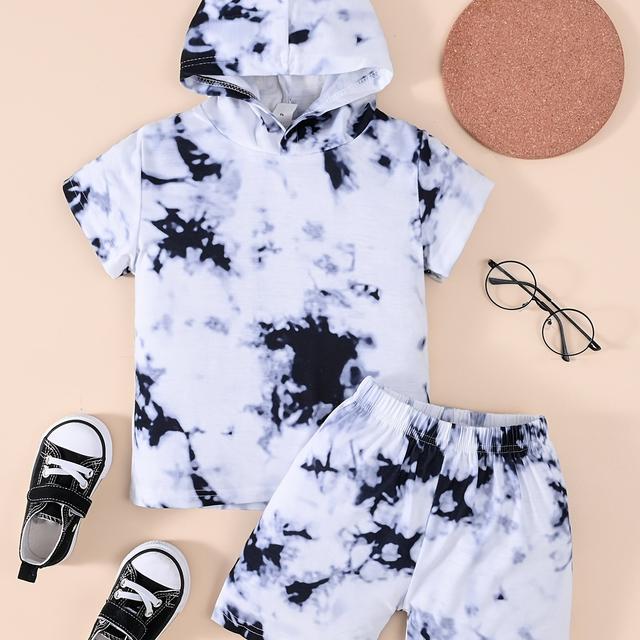 TEMU Jungen-Mode Tie-Dye Print Kapuzen-Kurzarm-Zweiteiler, perfekt für draußen