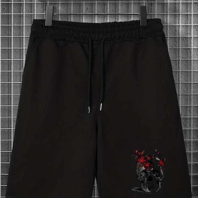 TEMU Plus Size Casual Shorts, Men's Plus Skull & Rose Print Drawstring Loose Shorts