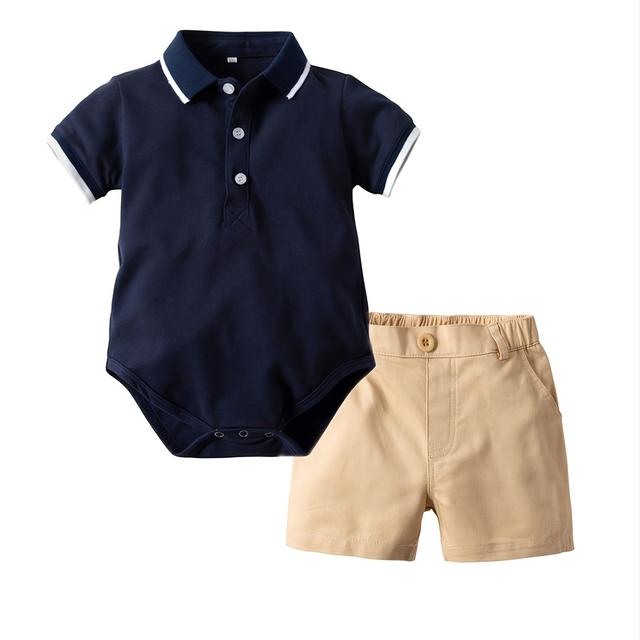 TEMU Children's Short-sleeve Turn- Collar Romper And Shorts Set, Boys' Shirt Jumpsuit Gentleman Outfit, Perfect For Outdoor