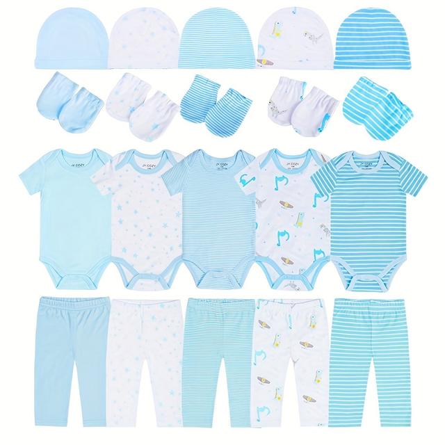 TEMU 20-teiliges Baby-Jungen-Kleidungsset, 5 Hosen + 5 Strampler + 5 Paar Fäustlinge + 5 Mützen, perfekt für draußen