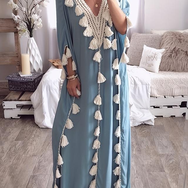 TEMU Women's Plus-size Middle Eastern Long Robe, V-neck Tassel Gown Dress.