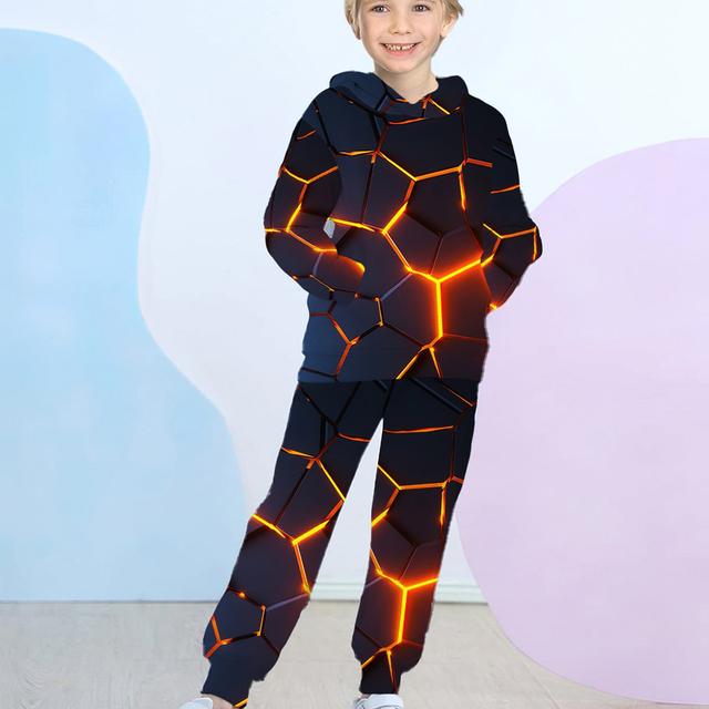 TEMU Boys 2pcs Hoodie Sweatshirt & Elastic Waist Pants 3d Graphic Print Long Sleeve Hooded Pullover Top Clothes Fall Winter, For Outdoor