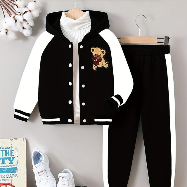TEMU Back To : Stylish Boys' Color- Bear Embroidered Hoodie Baseball Jacket And Side Color- Long Pants Athletic Outfit, For Outdoor