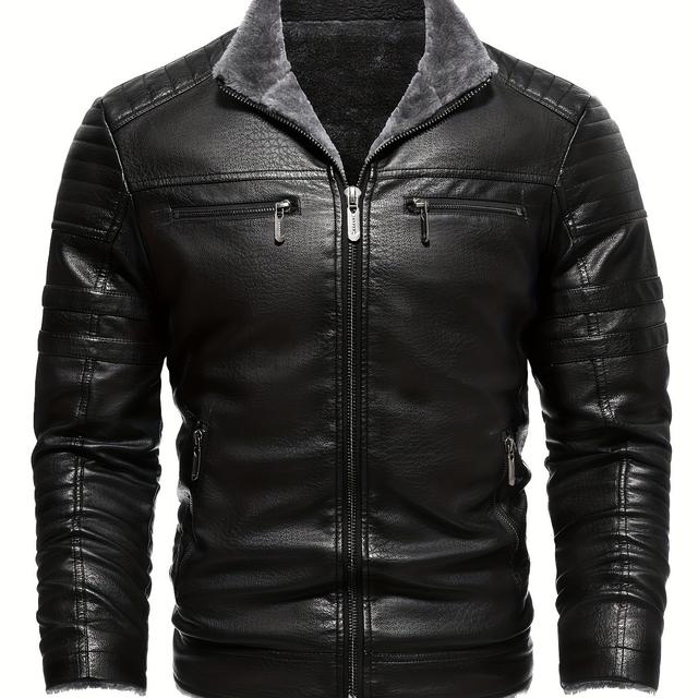 TEMU Veste d'hiver chaude pour homme en peluche avec col et fermeture éclair intégrale - Coupe ajustée, vêtement d'extérieur décontracté, lavable en machine, pour la moto et les temps froids