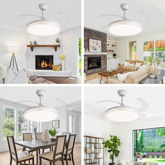 TEMU Ventilador de techo con luz led, control remoto, luz fría, y neutra, retractiles, Ventilador de velocidades y motor silenciosoTamaño 16 pulgadas