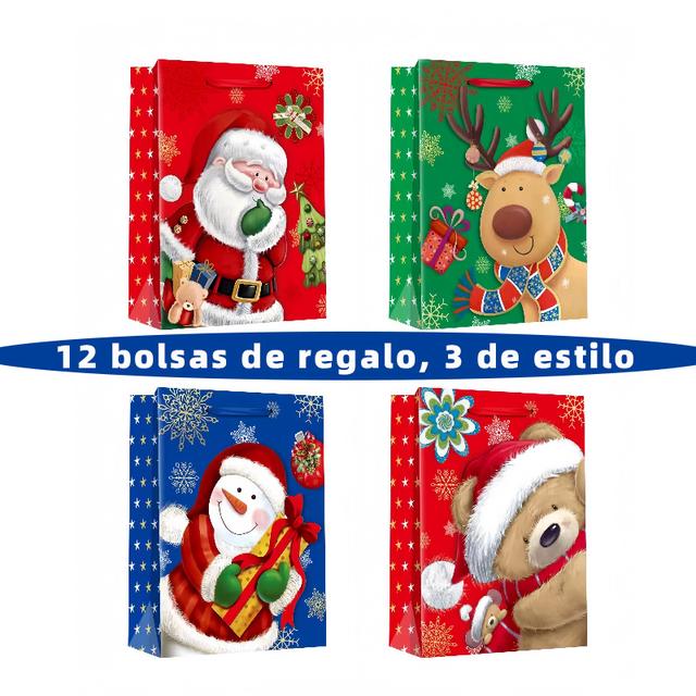 TEMU 12 Bolsas de Regalo Navideñas - 4 Estilos Animados: Santa, Reno, y Oso