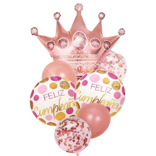 TEMU Set de Globos de Lentejuelas con Corona en de 7 Piezas, Combinación de Tamaños 12-Pulgadas + 18-Pulgadas, Tema Feliz en Español, para de Primer y Festivas, Set de Decoración de Globos Premium