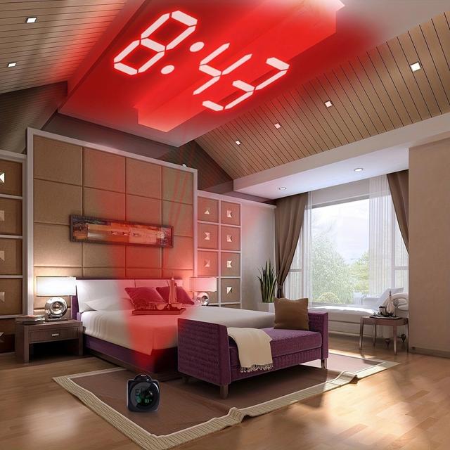 TEMU Reloj de alarma de proyección LCD digital con pantalla LED , diseño metálico moderno, sonido de silbato, ideal para la decoración del salón y el dormitorio, reloj de alarma para el salón.