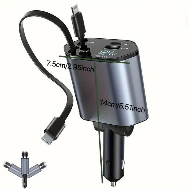 TEMU Cargador de coche multifuncional 4-en-1 - Cargador de coche con cable retráctil de 80 cm, función de adaptador y luz RGB, diseño durable y anti-enredo, regalo ideal para fiestas y