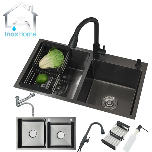 TEMU Fregadero de acero inoxidable de un , Fregadero negro de un , Fregadero de cocina empotrado de 80*45Cm