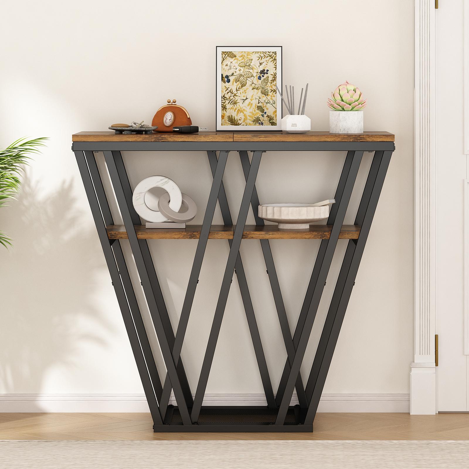TEMU Mesa de Consola, Mesa de Entrada con 2 Estantes, Gabinete, para , Pasillo, Metal, Diseño Industrial, Negro