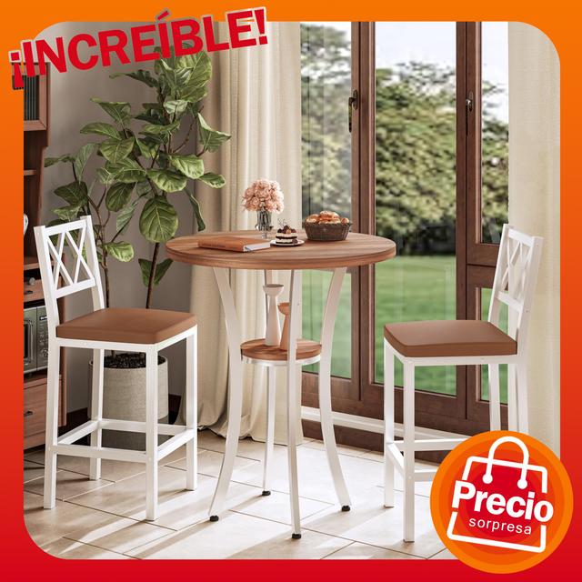TEMU Comedor Redondo,Barra de Cocina ,Desayunador 2 Personas,Mesa con 2 Taburete de Bar, Tallas 60CM(Diámetro) x90CM(), Tallas 100x40x42CM.(Color Nogal)