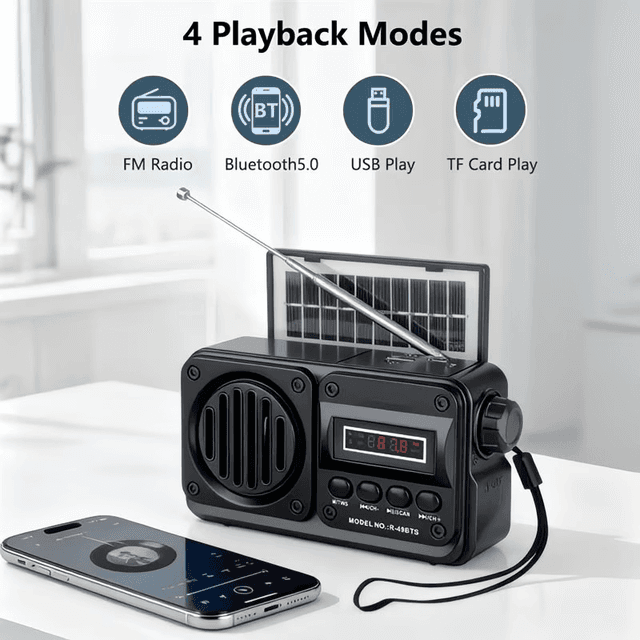 TEMU Radio Portátil AM/FM con Panel Solar, R-49BTS, Reproducción USB/TF, Pequeña y Recargable, Ideal para Viajes, Acampadas y Emergencias