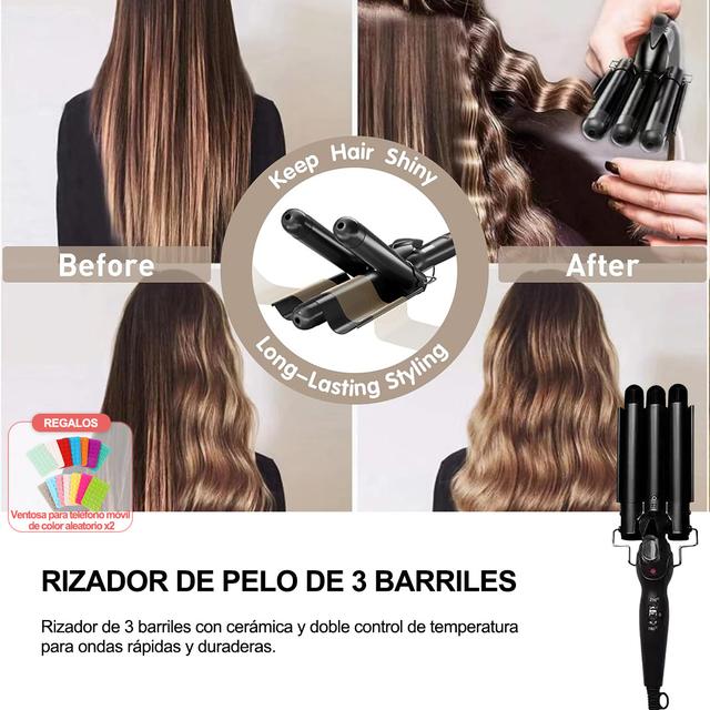 TEMU Plancha onduladora triple de 25 mm con cerámica, rizador rápido y portátil para todo tipo de cabello | en bodas, regalo ideal, Negro