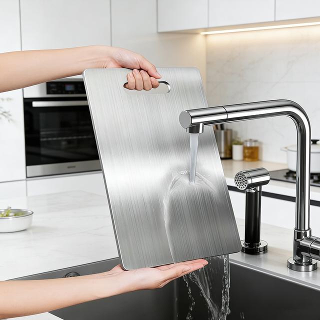 TEMU Tabla de cortar de acero inoxidable con asa, tabla de cortar multifuncional, tabla de cortar de , adecuada para cortar frutas, verduras, pan y carne, herramienta para la cocina, fácil de limpiar