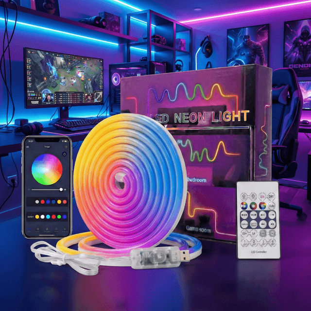 TEMU Luces LED Neon RGBIC Inteligentes, Tira Flexible con Multicolor, 1M 5M, Control Remoto de 24 Teclas, y Temporizador, USB 5V, para , Dormitorio, Gaming, Fiestas y BBQ.