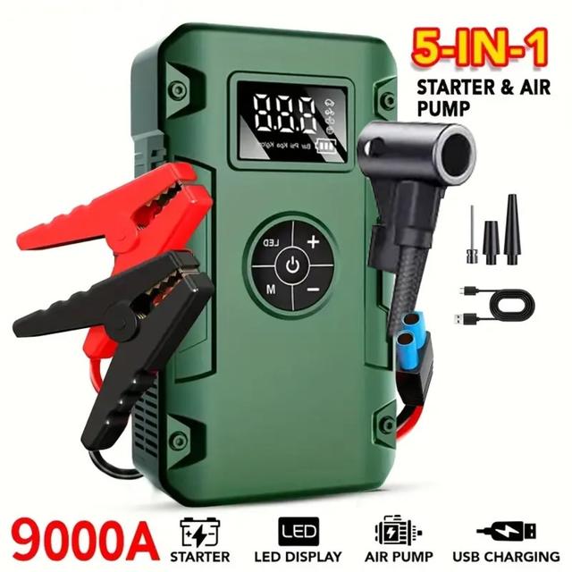 TEMU Arrancador de batería de coche, bomba de aire, iluminación de de energía, compresor de aire portátil automotriz 1, Cable de puente portátil, refuerzo de batería