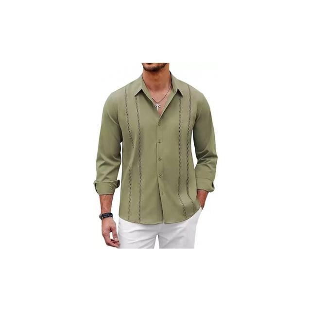 TEMU Camisa Guayabera casual de hombre , camisa de manga larga para playa con botones