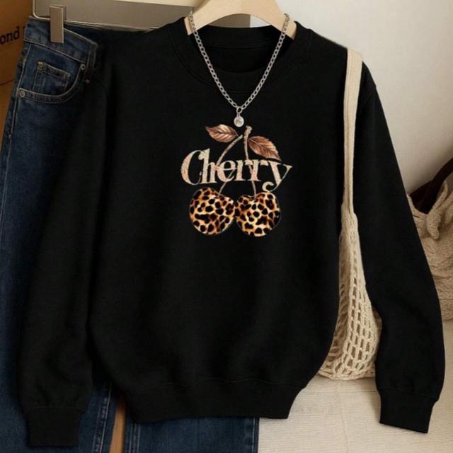 TEMU Mujer004 Sudadera de cuello redondo para mujer invierno sudadera de manga larga cómoda Jersey con diseño de cerezas y el "Cherry",un estilo y para cualquier ocasión