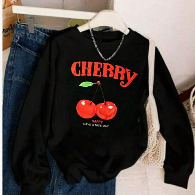 TEMU Suéter de cuello redondo para mujer, camiseta negra y cómoda de manga larga para invierno con diseño de , "CHERRY" y "HAPPY DAY", perfecta para un estilo casual y .