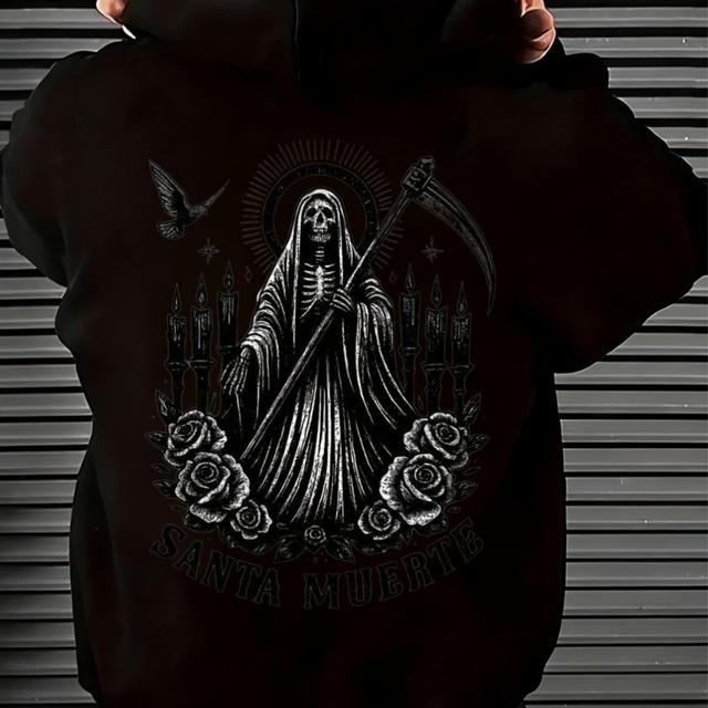 TEMU Sudadera con capucha extragrande Man003-1 con forro polar y de diseño de calavera de Muerte, rosas góticas, velas y , para amantes de Halloween, fans de y ropa E