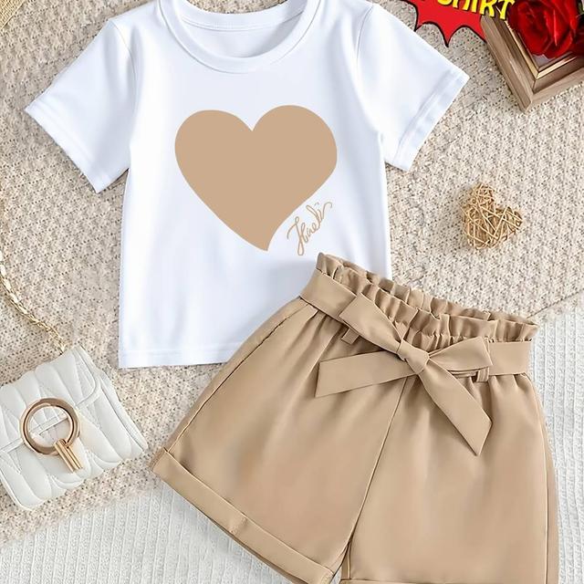 TEMU Camiseta de 1 pieza para niña con estampado de corazones, cuello redondo y manga corta | Top de punto casual , tela de elasticidad media, ajuste regular