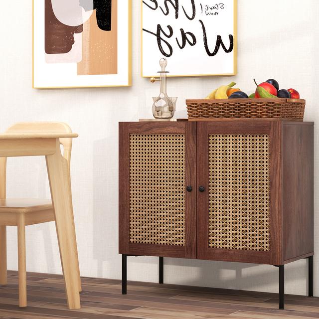 TEMU Costway Rattan Buffet Sideboard Wine Cabinet Cupboard W/ Adjustable Shelf Walnut