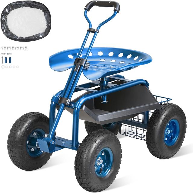 TEMU Vevor Garden Cart Rolling Workseat With Wheels, Gardening Stool For Planting, 360 Degree Swivel Seat, Wagon Scooter With Steering Handle & Tray, Use For Patio, Yard, And Outdoors, Blue