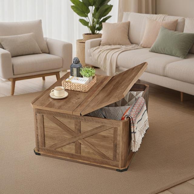 TEMU Farmhouse Coffee Table With Storage, Table For Living Room, Center Table With Lids, Honey Brown