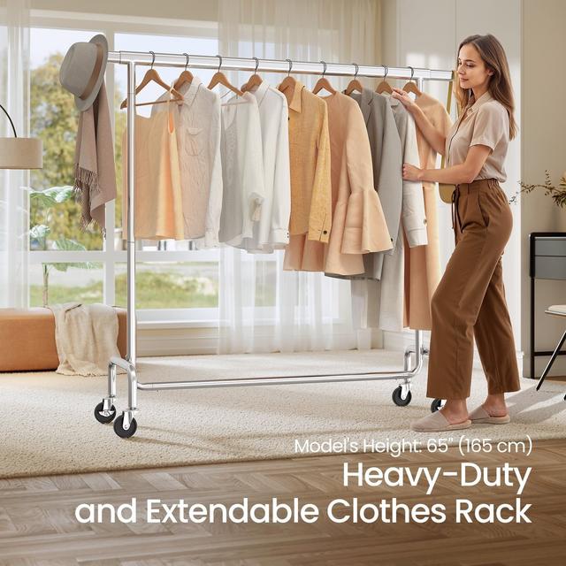 TEMU Clothes Rack With Wheels, Heavy-duty Garment Rack With Extendable Hanging Rod, 130 Kg Load Capacity, 45 X (110-150) X 160 Cm, Chrome-plated, Silver