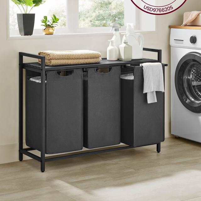 TEMU Laundry Hamper, Laundry Basket, Laundry Sorter With 3 Pull-out And Removable Bags, Shelf, Metal Frame, 3 X 10 Gallons (38l), 36.4 X 13 X 28.4 Inches, Black And Gray