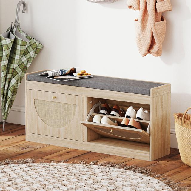 TEMU Homcom Shoe Storage Bench With Flip Rattan Doors, Removable Seat Cushion, Adjustable Shelves For 8 Pairs, Boho Entryway Bench For Bedroom, Living Room, Natural Wood