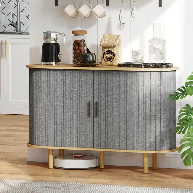 TEMU Fluted Sideboard Buffet Cabinet With Tambour Sliding Doors, 47" Modern Coffee Bar Cabinet With Storage Shelves And Wooden Legs, Kitchen Credenza, Grey