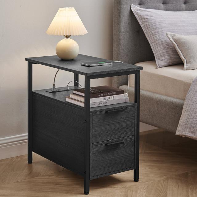 TEMU Side Table With Charging Station, Narrow End Table With 2 Drawers, Slim Nightstand, Black