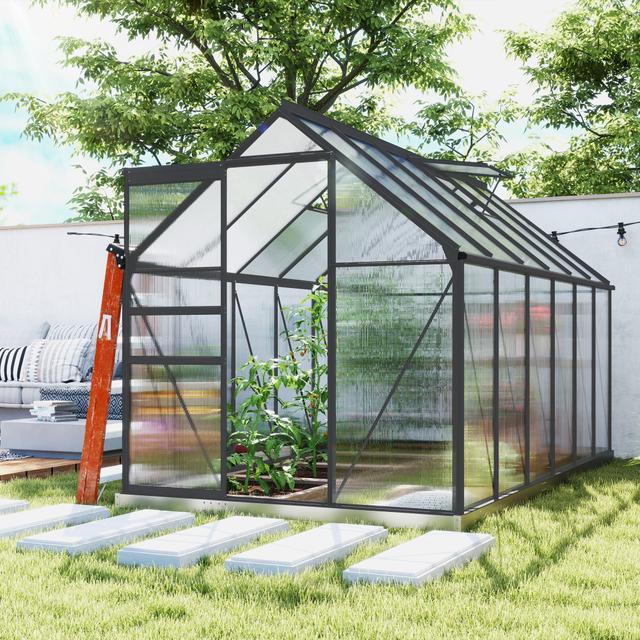 TEMU 6' X 12' X 6.5' Polycarbonate Greenhouse, Walk- House With Adjustable Roof Vent Galvanized Base Sliding Door Rain Gutter For Outdoor Garden Backyard,