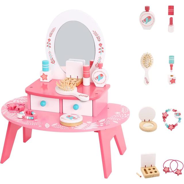 TEMU Wooden Children Vanity Set - 16pcs - Pretend Makeup And Dressing Table Toy With Mirror And Beauty Accessories, For Toddlers And Year Old +
