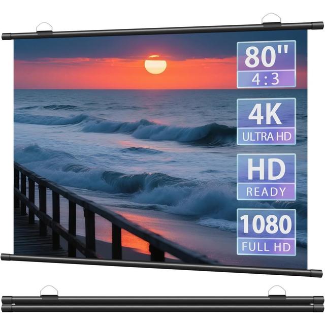 TEMU プロジェクター スクリーン 80インチ 4:3 壁掛け 吊り下げ式 ロール式 屋内外兼用 軽量 耐汚れ 持ち運び簡単 設置簡単 ホームシアター 会議用 映画鑑賞に最適