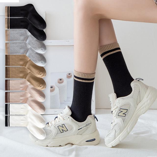 TEMU 10켤레 여성 장목 양말 세트, 흰색, 검정, 통기성 좋은, 봄 여름 가을 사계절용, 학생 교복 골지 크루 삭스