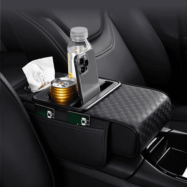 TEMU 고급 PU 가죽 카 암레스트 컵 홀더 & 티슈 보관함 포함 다기능 정리함 블랙 내구성과 센터 콘솔 높이 조절 패드로 편안함과 스타일 향상