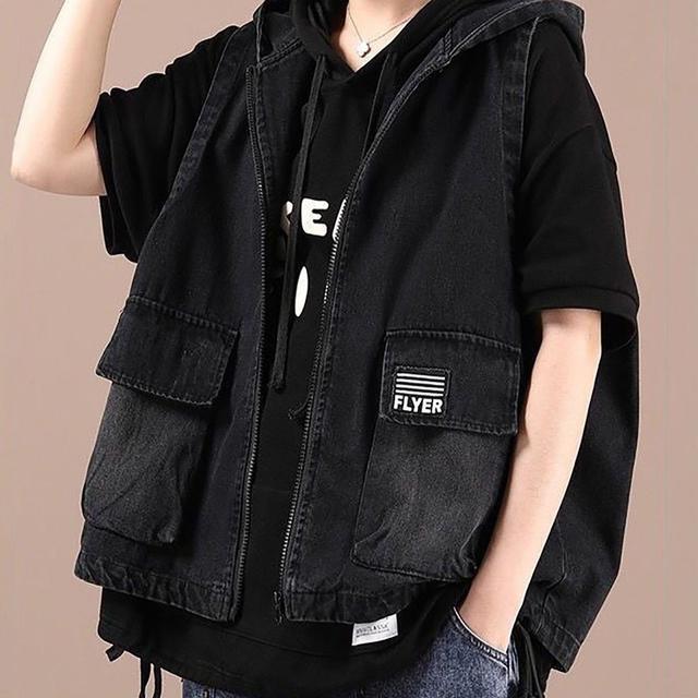 TEMU 간절기 데일리 슬림핏 소녀 여성 데님 패션 솔리드 빅사이즈 루즈핏 후드 데님 조끼