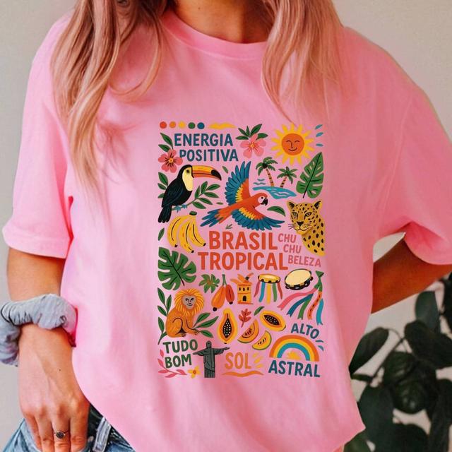 TEMU Camiseta Feminina Camisa Oversized Estampa Tropical