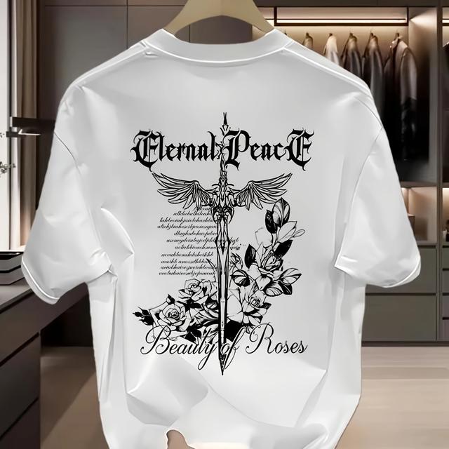TEMU T-shirt de Homem de Algodão 100% Peso - Estampa Eterna Paz & Beleza das Rosas, Preto Corte Normal Manga Top Casual de Verão, T-shirt Plus Size para Roupa Casual, Design Floral Lobo, Camisa de