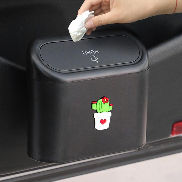 TEMU Car Trash Can With Cartoon Pvc Sticker, Press-to-open , Sealed Garbage Storage Bin, Car Trash Can, Miscellaneous Storage