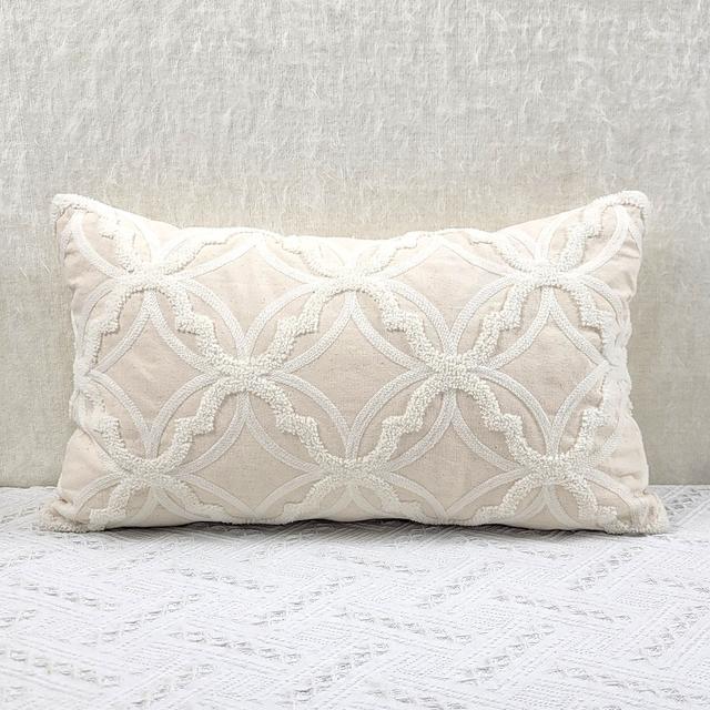 TEMU 1pc Geometric Pattern Towel Embroidery Cushion Cover, Beige Base Fabric With White Embroidery
